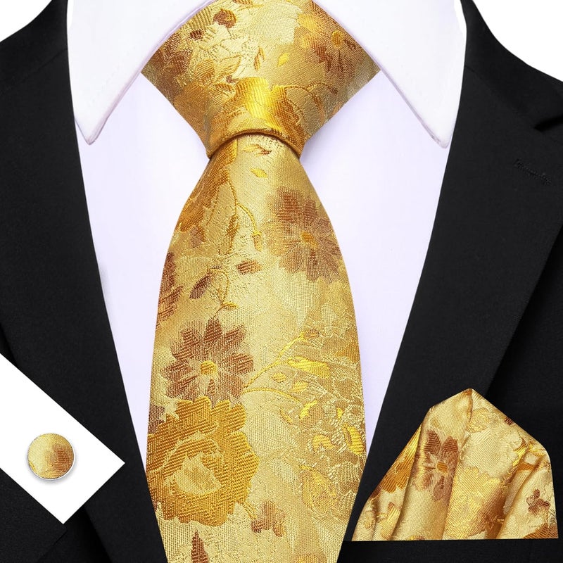 Barry.Wang Store Flower Ties for Men Handkerchief Cufflinks Set Wedding Necktie Set Party - Image 3